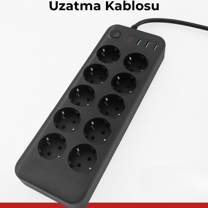 ® Yeni Ürün Akım Korumalı Termal Uzatma Kablosu10 Priz, 2 USB ve 2 Type-C Girişli, Güçlü Çoklu Priz