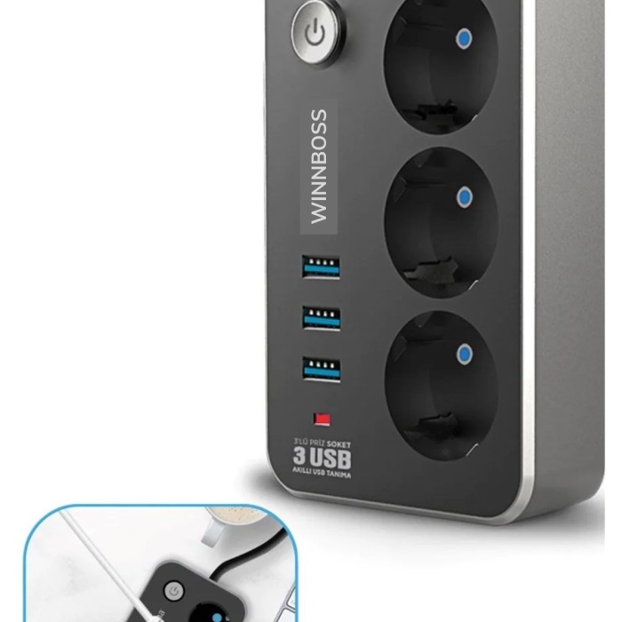 ® Yeni Ürün Isıya Dayanıklı Termal Akım Korumalı 2 Mt 10A 2500W 3lü Priz ve 3 Usbi 21A Uzatma Kablosu