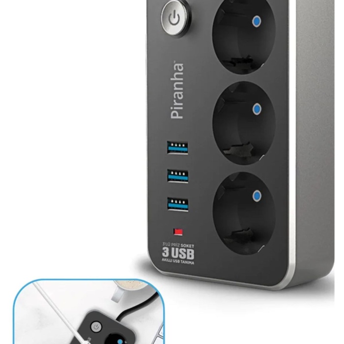 ® Yeni Ürün Isıya Dayanıklı Termal Akım Korumalı 2 Mt 10A 2500W 3lü Priz ve 3 Usbi 21A Uzatma Kablosu