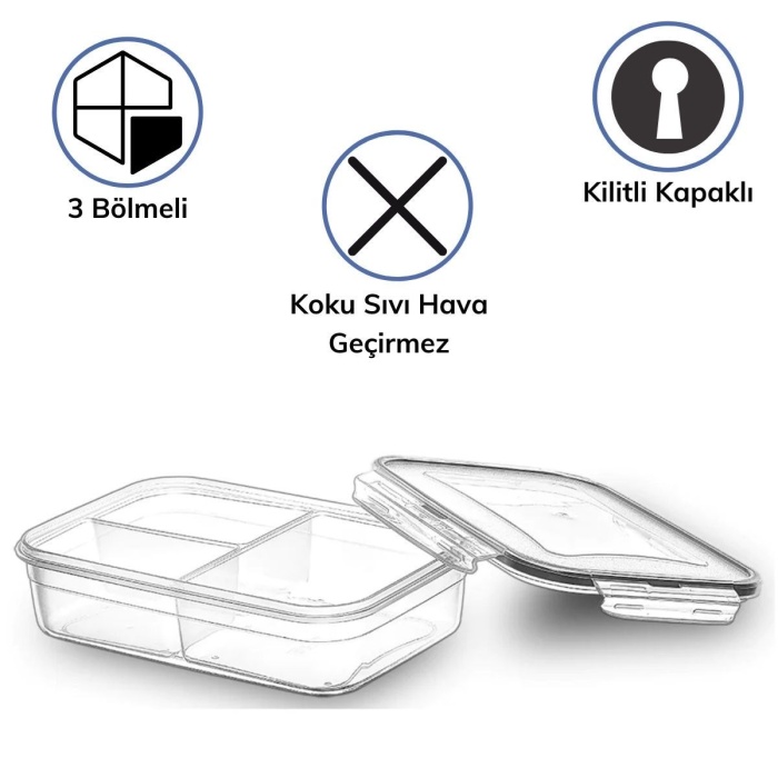 ® Yeni Ürün 3 Bölmeli Kilitli Kapaklı 1 Litre Erzak Saklama Kabı LC-510
