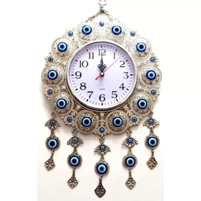 ® Yeni Ürün Nazar Boncuklu Gümüş Kaplama Solmaz Kararmaz Duvar Saati