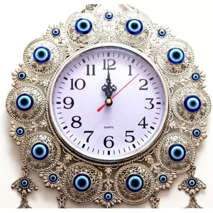 ® Yeni Ürün Nazar Boncuklu Gümüş Kaplama Solmaz Kararmaz Duvar Saati