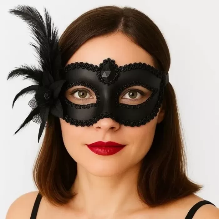® Yeni Ürün Siyah Mat Renk Yandan Tüylü Güllü Parti Balo Venedik Maskesi 16x22
