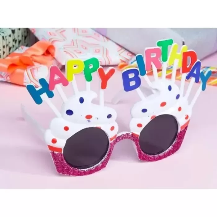 ® Yeni Ürün Happy Birthday Yazılı Beyaz Fuşya Renk Parti Gözlüğü 12x7 Cm