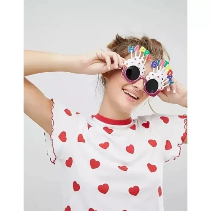 ® Yeni Ürün Happy Birthday Yazılı Beyaz Fuşya Renk Parti Gözlüğü 12x7 Cm