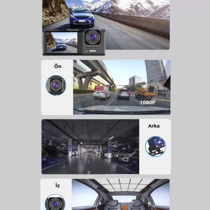 ® Yeni Ürün Üç Kameralı Araç Kamerası | Full Hd 1080p Ön + Hd İç/arka