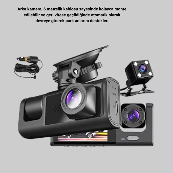 ® Yeni Ürün Üç Kameralı Araç İçi Kayıt Sistemi Full Hd Gece Görüşlü Ve G-sensör Destekli