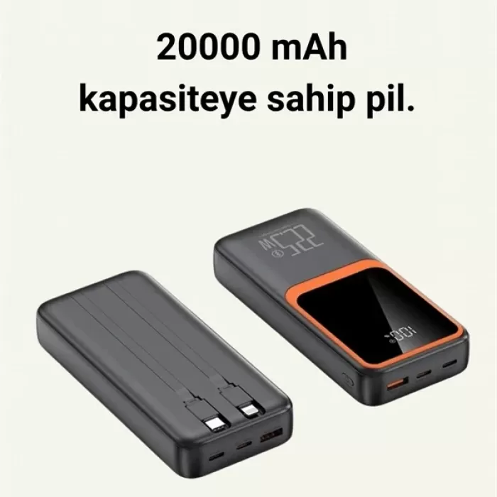 ® Yeni Ürün Powerbank 20000 Mah | 22.5w Hızlı Şarj Dahili Kablolu Lcd Ekranlı Şarj Cihazı