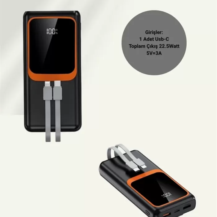 ® Yeni Ürün Powerbank 20000 Mah | 22.5w Hızlı Şarj Dahili Kablolu Lcd Ekranlı Şarj Cihazı