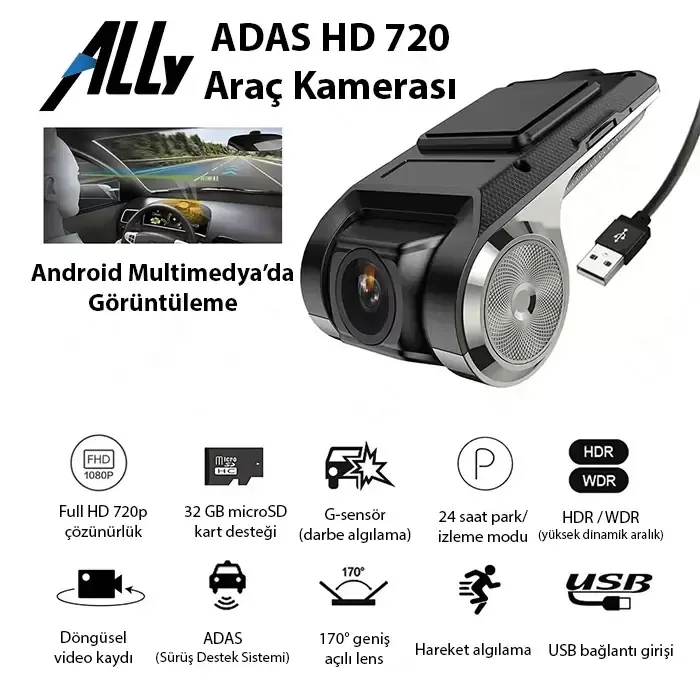 ® Yeni Ürün Ally Full Hd Mini Araç İçi Kamera | Geniş Açı Gece Görüşlü Döngüsel Kayıt Kompakt Dash Cam-(5775)