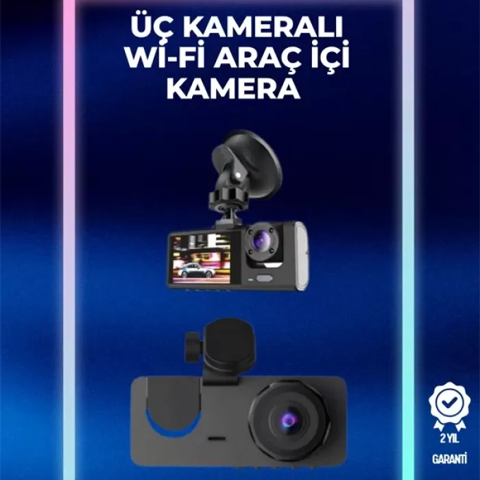 ® Yeni Ürün 1080p Ön + 720p Arka & İç KameraSuya Dayanıklı Araç Güvenlik Kamerası