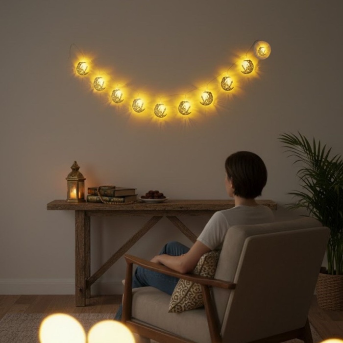 ® Yeni Ürün 10 Adet Sarkıtlı Ramazan Hilal Üstü Cami Temalı LED IşıkPilli 2 Metre Ramazan Süsü, İslami Dekorasyon, Ev ve Mekanlar İçin Dekoratif Ortam