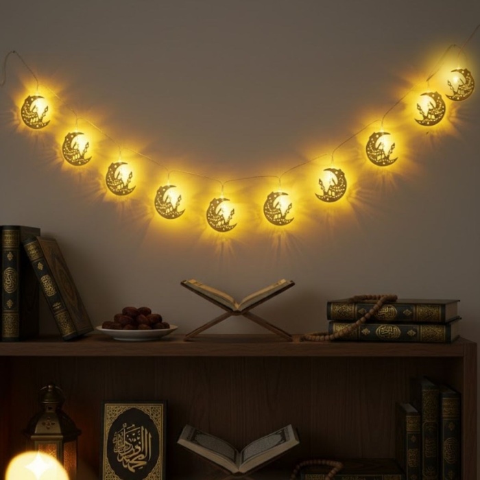 ® Yeni Ürün 10 Adet Sarkıtlı Ramazan Hilal Üstü Cami Temalı LED IşıkPilli 2 Metre Ramazan Süsü, İslami Dekorasyon, Ev ve Mekanlar İçin Dekoratif Ortam