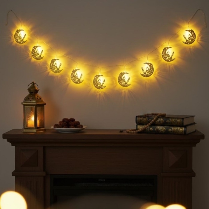 ® Yeni Ürün 10 Adet Sarkıtlı Ramazan Hilal Üstü Cami Temalı LED IşıkPilli 2 Metre Ramazan Süsü, İslami Dekorasyon, Ev ve Mekanlar İçin Dekoratif Ortam