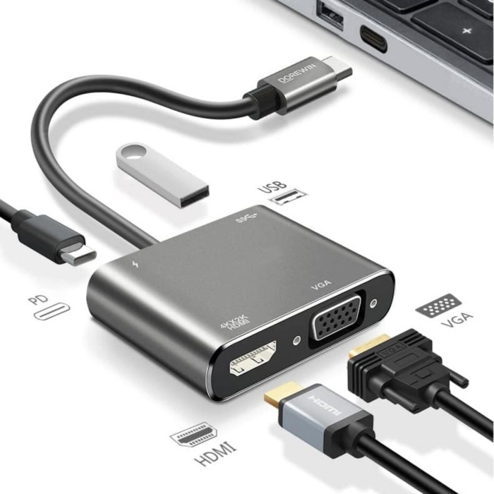 4’ü 1 Arada Type-C to Hub Dönüştürücü Adaptör – 4K Ultra HD HDMI & VGA Görüntü Aktarımı, PD Hızlı Şarj Destekli, USB Çoklayıcı