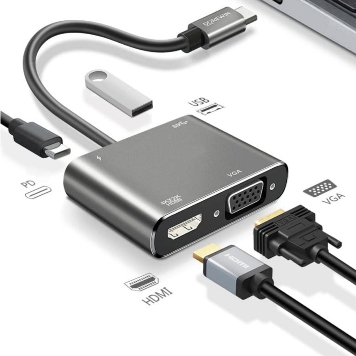 4’ü 1 Arada Type-C to Hub Dönüştürücü Adaptör – 4K Ultra HD HDMI & VGA Görüntü Aktarımı, PD Hızlı Şarj Destekli, USB Çoklayıcı