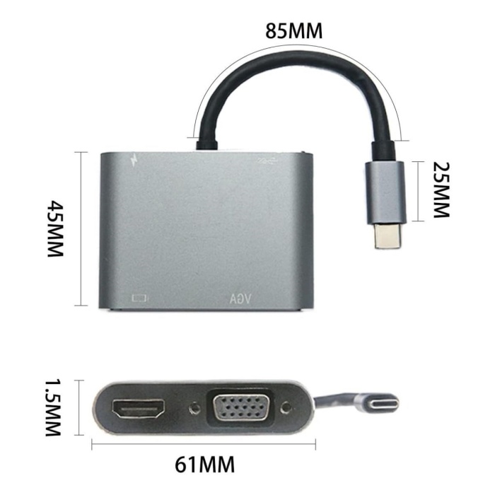 4’ü 1 Arada Type-C to Hub Dönüştürücü Adaptör – 4K Ultra HD HDMI & VGA Görüntü Aktarımı, PD Hızlı Şarj Destekli, USB Çoklayıcı