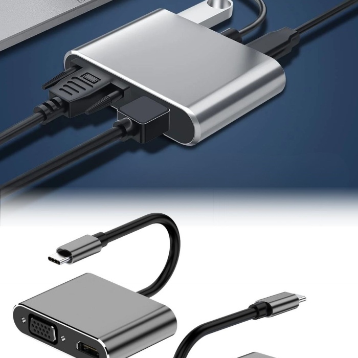 4’ü 1 Arada Type-C to Hub Dönüştürücü Adaptör – 4K Ultra HD HDMI & VGA Görüntü Aktarımı, PD Hızlı Şarj Destekli, USB Çoklayıcı