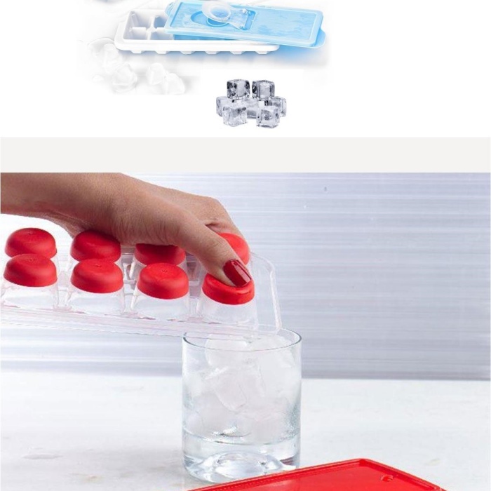 ® Yeni Ürün 12li Kapaklı Yapışmaz Silikon Tabanlı Plastik Küp Buz Kalıbı
