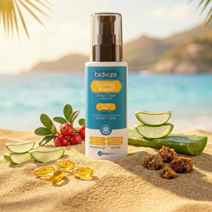 ® Yeni Ürün Bidoze Güneş Kremi 50+ SPF | Leke Karşıtı Onarıcı, Alpha-Arbutin Ginseng ve Kolajen