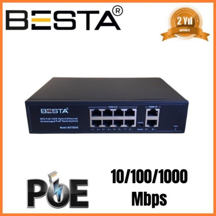 ® Yeni Ürün 10 PORT GİGABİT POE SWİTCH 10/100/1000 Mbps 8 Port POE BST1020G