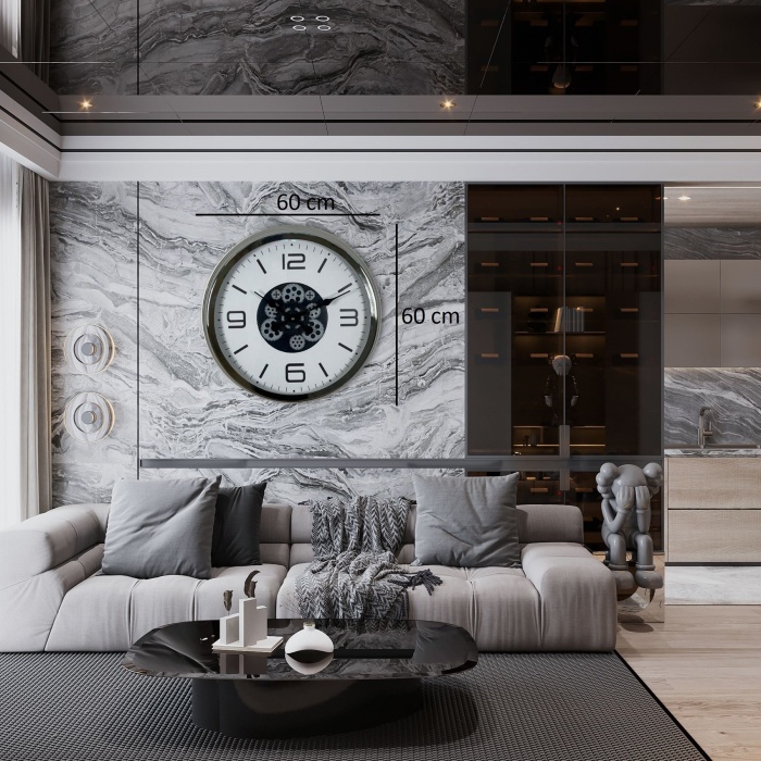 Krom Modern 60 Cm Çarklı Duvar Saati
