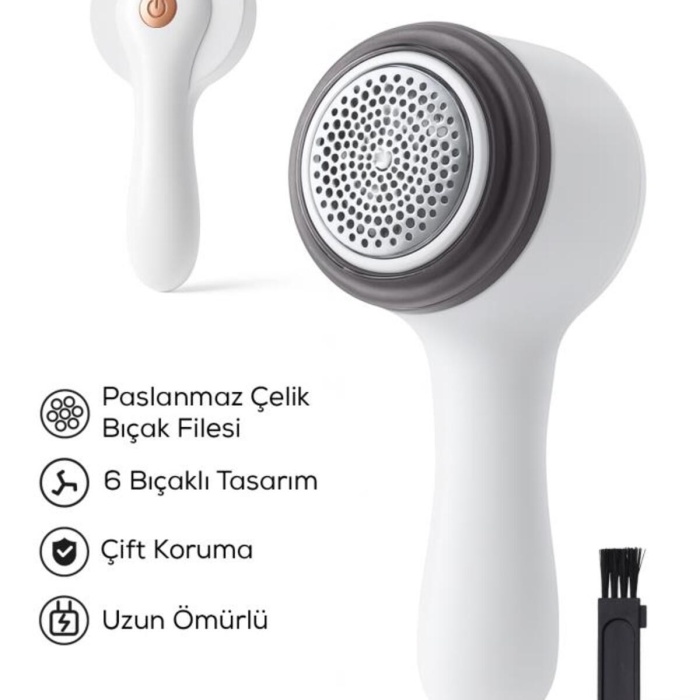 ® Yeni Ürün 6 Bıçaklı Şarjlı Tüy Ve Tiftik Temizleme Makinesi Beyaz Yuvarlak Tasarım YEDEK BIÇAKLI