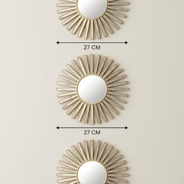 ® Yeni Ürün 3’lü Gold Güneş Desenli Duvar Aynası Seti 27 cm | Dekoratif Yuvarlak Ayna