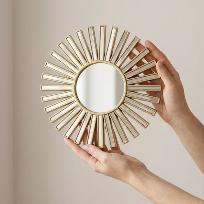 ® Yeni Ürün 3’lü Gold Güneş Desenli Duvar Aynası Seti 27 cm | Dekoratif Yuvarlak Ayna