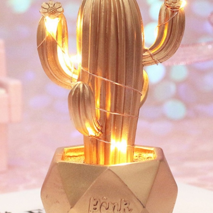 ® Yeni Ürün Led Işıklı Sevimli Kaktüs Dekoratif Masa Lambası Mini Biblo Gece Lambası-GOLD