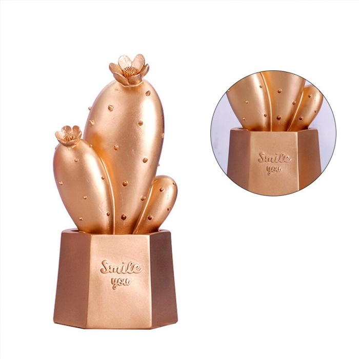 ® Yeni Ürün Led Işıklı Sevimli Kaktüs Dekoratif Masa Lambası Mini Biblo Gece Lambası Gold