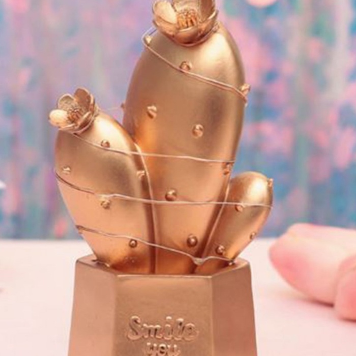 ® Yeni Ürün Led Işıklı Sevimli Kaktüs Dekoratif Masa Lambası Mini Biblo Gece Lambası Gold