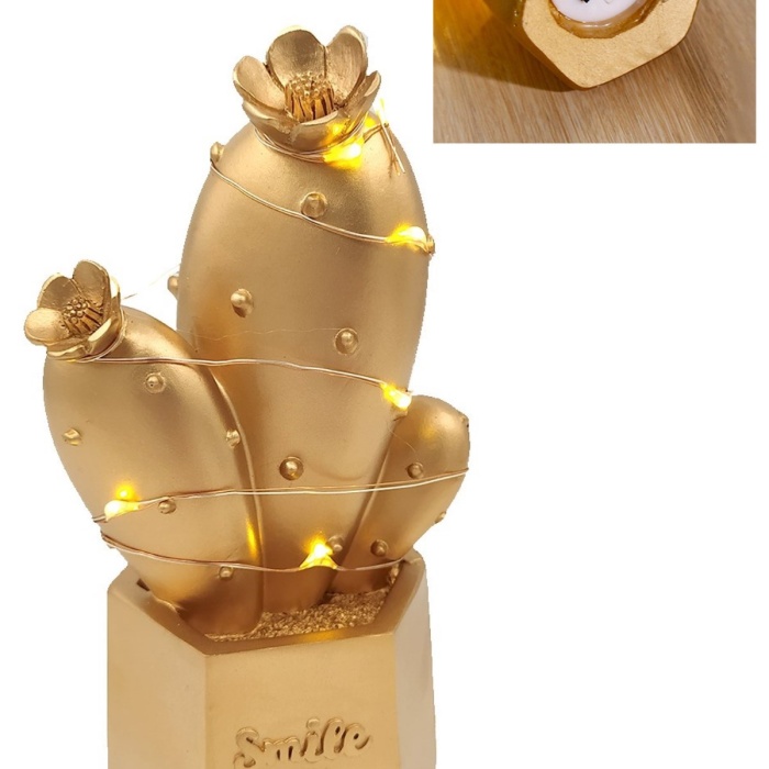 ® Yeni Ürün Led Işıklı Sevimli Kaktüs Dekoratif Masa Lambası Mini Biblo Gece Lambası Gold