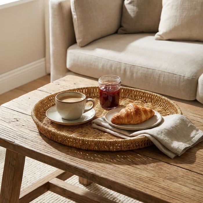® Yeni Ürün 35 cm Plastik Rattan TepsiHasır Görünümlü Dekoratif Servis Tepsisi, Mutfak, Kahvaltı, Sunum ve Masaüstü Çok Amaçlı Organizer