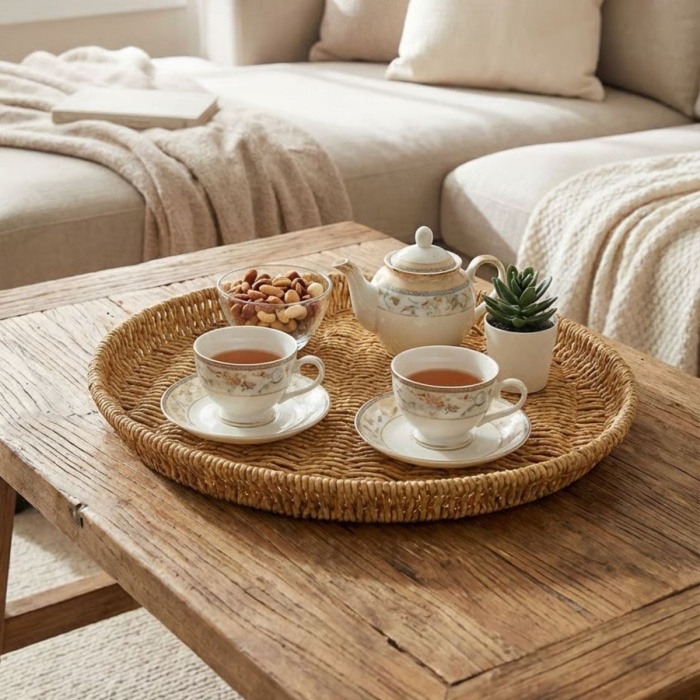 ® Yeni Ürün 35 cm Plastik Rattan TepsiHasır Görünümlü Dekoratif Servis Tepsisi, Mutfak, Kahvaltı, Sunum ve Masaüstü Çok Amaçlı Organizer