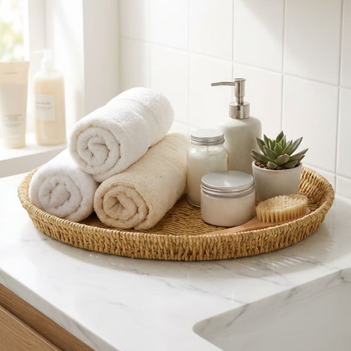 ® Yeni Ürün 35 cm Plastik Rattan TepsiHasır Görünümlü Dekoratif Servis Tepsisi, Mutfak, Kahvaltı, Sunum ve Masaüstü Çok Amaçlı Organizer