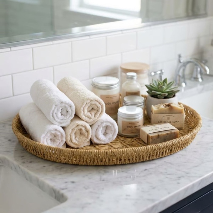 ® Yeni Ürün 40 cm Plastik Rattan TepsiHasır Görünümlü Dekoratif Servis Tepsisi, Mutfak, Kahvaltı, Sunum ve Masaüstü Çok Amaçlı Organizer