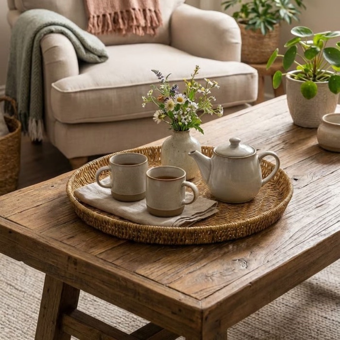 ® Yeni Ürün 40 cm Plastik Rattan TepsiHasır Görünümlü Dekoratif Servis Tepsisi, Mutfak, Kahvaltı, Sunum ve Masaüstü Çok Amaçlı Organizer