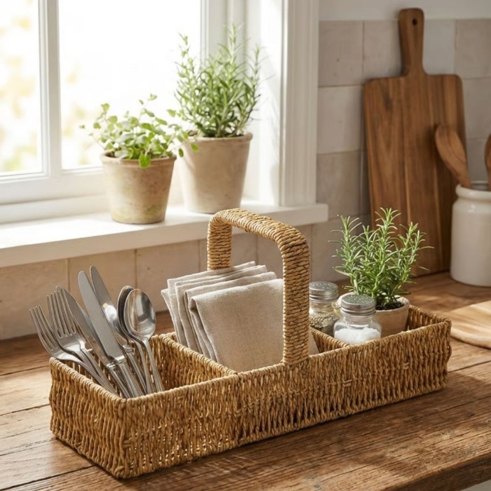 ® Yeni Ürün 3 Bölmeli Plastik Rattan Düzenleyici–Saplı Masaüstü Organizer, Mutfak Kaşık Çatal Sepeti, Banyo & Ofis Çok Amaçlı Sunum Standı