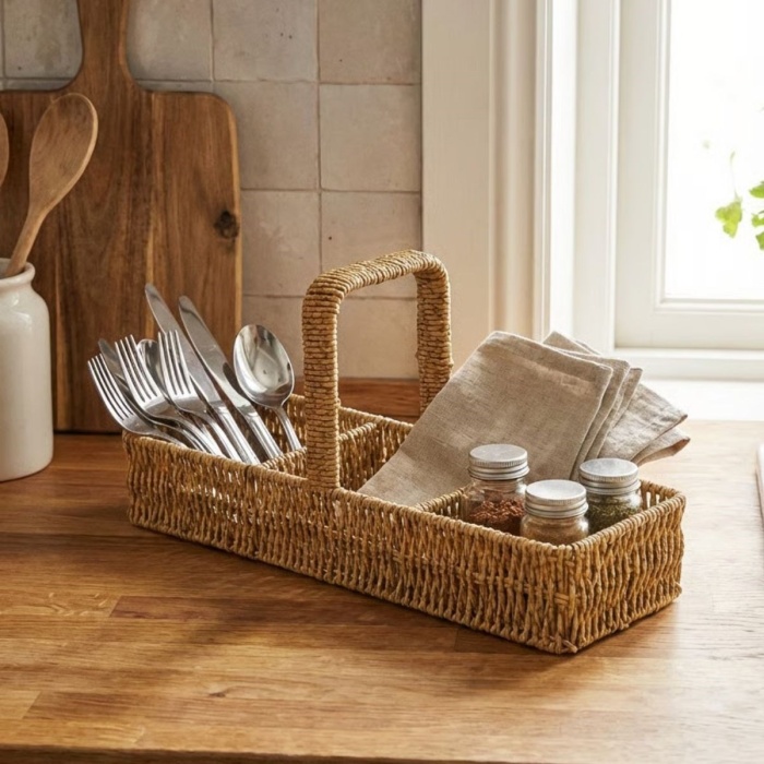 ® Yeni Ürün 3 Bölmeli Plastik Rattan Düzenleyici–Saplı Masaüstü Organizer, Mutfak Kaşık Çatal Sepeti, Banyo & Ofis Çok Amaçlı Sunum Standı