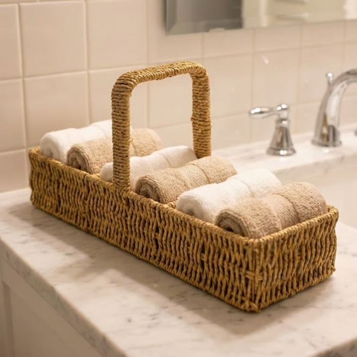 ® Yeni Ürün 3 Bölmeli Plastik Rattan Düzenleyici–Saplı Masaüstü Organizer, Mutfak Kaşık Çatal Sepeti, Banyo & Ofis Çok Amaçlı Sunum Standı