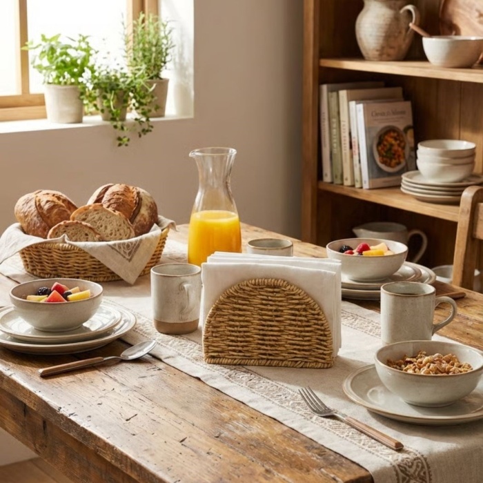 ® Yeni Ürün Dekoratif Plastik Rattan Yarım Yuvarlak Peçetelik–Doğal Hasır Dokulu Masaüstü Peçete Standı