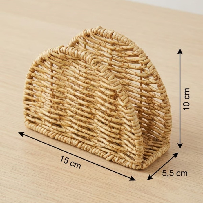 ® Yeni Ürün Dekoratif Plastik Rattan Yarım Yuvarlak Peçetelik–Doğal Hasır Dokulu Masaüstü Peçete Standı