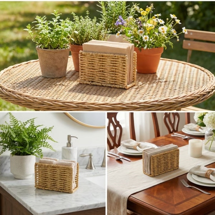 ® Yeni Ürün Dekoratif Plastik Rattan Dikdörtgen Peçetelik–Doğal Hasır Dokulu Masaüstü Peçete Standı