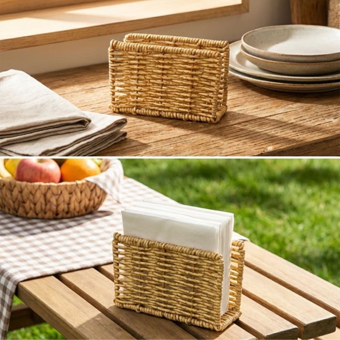 ® Yeni Ürün Dekoratif Plastik Rattan Dikdörtgen Peçetelik–Doğal Hasır Dokulu Masaüstü Peçete Standı