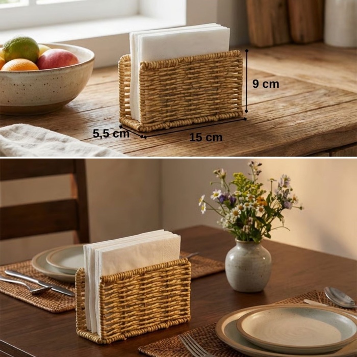 ® Yeni Ürün Dekoratif Plastik Rattan Dikdörtgen Peçetelik–Doğal Hasır Dokulu Masaüstü Peçete Standı