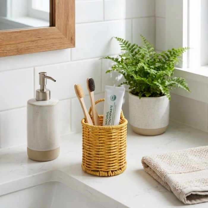 ® Yeni Ürün Yuvarlak Hasır Dokulu Plastik Rattan Kaşıklık & ÇatallıkAskılı Kendiliğinden Tutmalı Çok Amaçlı Mutfak Organizeri