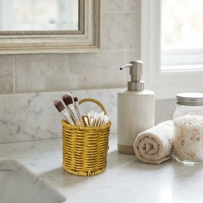 ® Yeni Ürün Yuvarlak Hasır Dokulu Plastik Rattan Kaşıklık & ÇatallıkAskılı Kendiliğinden Tutmalı Çok Amaçlı Mutfak Organizeri