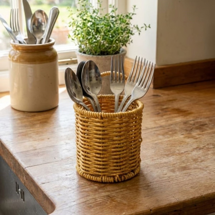 ® Yeni Ürün Yuvarlak Hasır Dokulu Plastik Rattan Kaşıklık & ÇatallıkAskılı Kendiliğinden Tutmalı Çok Amaçlı Mutfak Organizeri