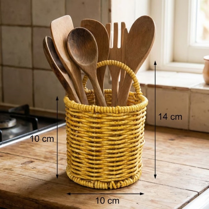 ® Yeni Ürün Yuvarlak Hasır Dokulu Plastik Rattan Kaşıklık & ÇatallıkAskılı Kendiliğinden Tutmalı Çok Amaçlı Mutfak Organizeri